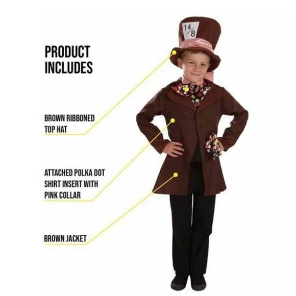 Mad Hatter Costume Kid XL Alice Wonderland Outfit Halloween Character Cosplay - Picture 8 of 9